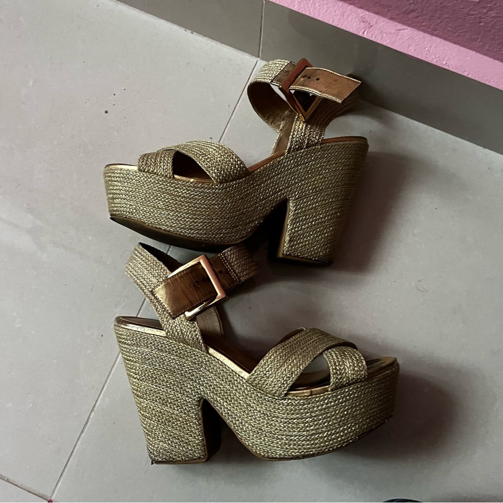 Tan Platform Sandals with Chunky Heel and Espadrille Sole
